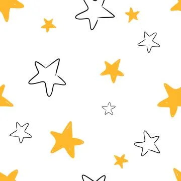 Seamless hand drawn vector pattern simple stars in black and yellow on a white Stock Illustration