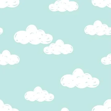 Seamless hand drawn vector pattern white clouds on a soft blue background, kids 스톡 일러스트