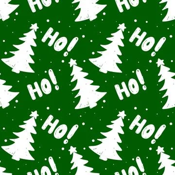 Seamless hand drawn vector pattern Christmas trees and cheerful Ho in winter Illustrazione stock