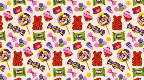Seamless hand drawn vector pattern with colorful treats. Stock Illustration