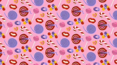Seamless hand drawn vector pattern with colorful treats on pink background. Stock Illustration