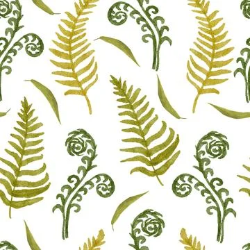 Seamless hand drawn watercolor pattern with green wild herbs ferns leaves in Stock Illustration