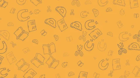 Seamless handdrawn school supplies pattern orange background Stock Footage 329139835