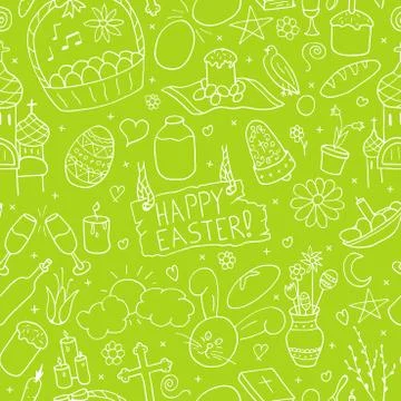 Seamless happy easter pattern in doodle style. Hand drawn Stock Illustration