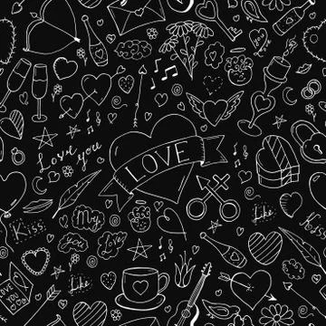 Seamless happy valentine day pattern. Hand drawn elements in doodle style. Illustrazione stock