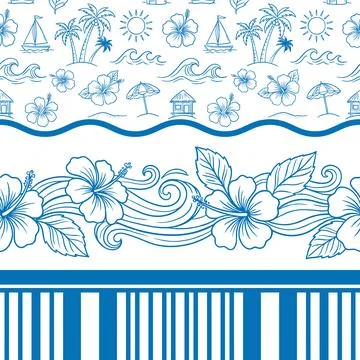 Seamless Hawaiian Border Pattern with Hibiscus Flowers and Tropical Elements. 스톡 일러스트