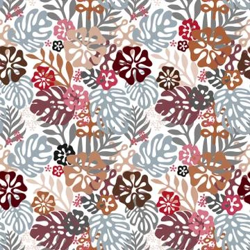 Seamless Hawaiian pattern classic flat style. retro flowers of hibiscus. Vector Stock Illustration