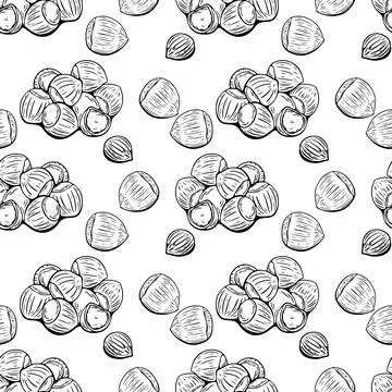 Seamless hazelnut pattern in monochrome hand drawn sketch style Stock Illustration