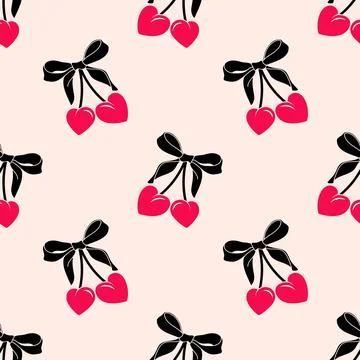 Seamless heart cherry pattern with bow. Ballet, coquette core background design. Stock Illustration