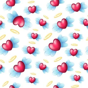 Seamless Heart Pattern with Angel wings and Halo Stock Illustration