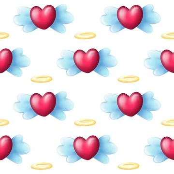 Seamless Heart Pattern with Angel wings and Halo Stock Illustration
