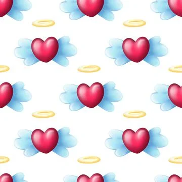 Seamless Heart Pattern with Angel wings and Halo Stock Illustration