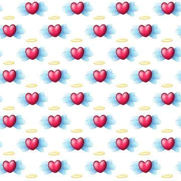 Seamless Heart Pattern with Angel wings and Halo Stock Illustration