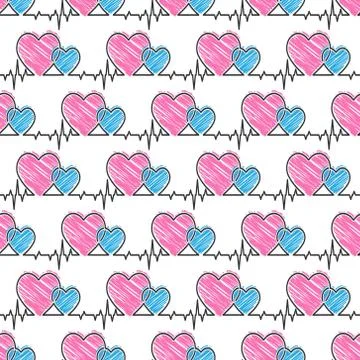 Seamless heart pattern in Doodle style and cardiogram pulses for simple backg Stock Illustration