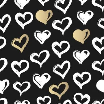 Seamless heart pattern. Hand drawn with ink. Black, gold and white. Love co.. Stock Illustration
