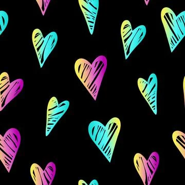 Seamless heart pattern. Multicolored gradient on a black background. Stock Illustration