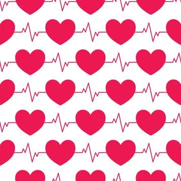 Seamless HEARTBEAT line pattern. Geometric red and white tileable background. Stock Illustration