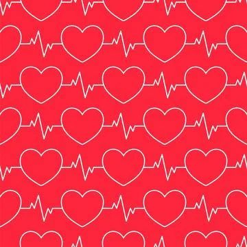 Seamless HEARTBEAT line pattern. Geometric red and white tileable background. Stock Illustration