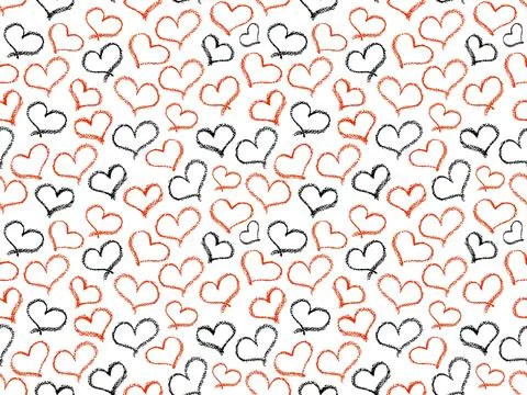 Seamless hearts pattern. Red and black color crayon stroke love symbols in Stock Illustration