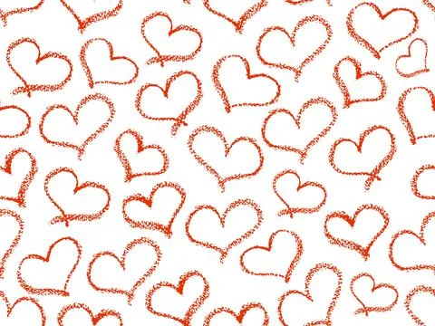 Seamless hearts pattern. Red and black color crayon stroke love symbols in Stock Illustration