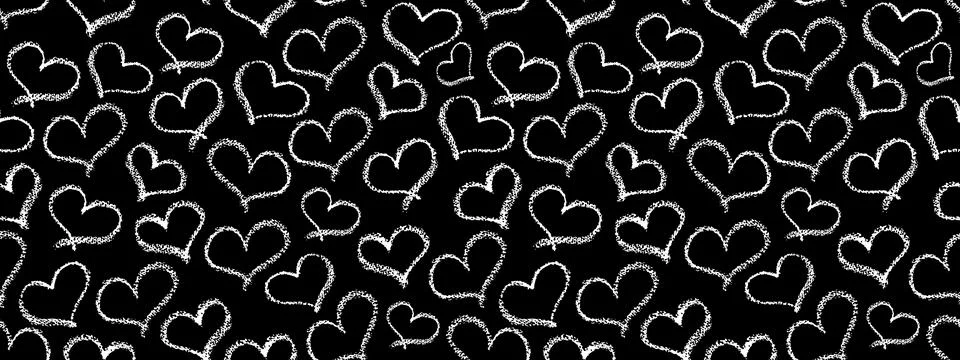 Seamless hearts pattern. White crayon stroke love symbols in doodle style Stock Illustration