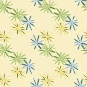 Seamless herbal pattern with daisy geometric shapes. Yellow, green and blue f Stock Illustration