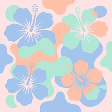 Seamless Hibiscus Floral Pattern with Abstract Shapes in Pastel Colors. Stock Illustration