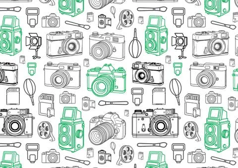 Seamless high res vector pattern of outlined camera, gear or tools Stock Illustration
