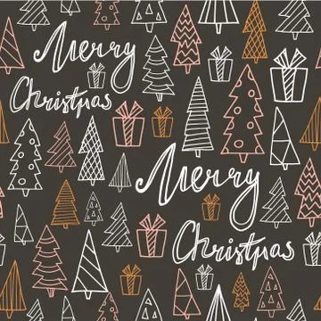 Seamless Holiday hand drawn pattern with gift, christmas trees and quote Me.. Stock Illustration