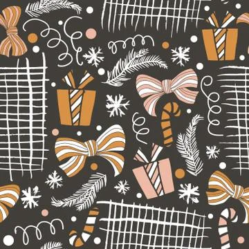 Seamless Holiday hand drawn pattern with gift, christmas trees. Vector Illu.. Stock Illustration