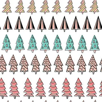 Seamless Holiday hand drawn pattern with colorful christmas trees on white .. Stock Illustration