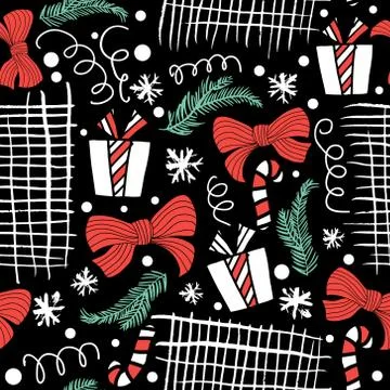 Seamless Holiday hand drawn pattern with gift, christmas trees. Vector Illu.. Stock Illustration
