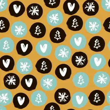 Seamless Holiday hand drawn pattern with snowflakes,hearts, christmas trees.. Illustrazione stock