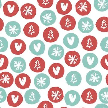 Seamless Holiday hand drawn pattern with snowflakes,hearts, christmas trees.. Illustrazione stock