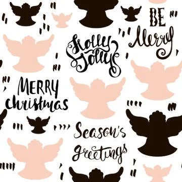 Seamless Holiday hand drawn pattern with christmas angels and hand written .. Stock Illustration