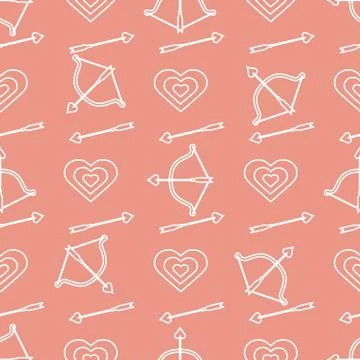 Seamless holiday pattern. Bow, arrows, hearts. Ilustración de archivo
