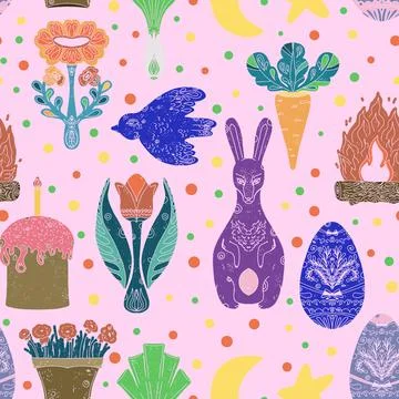 Seamless holiday pattern. Easter bunny, flowers, fire, moon, star, vegetables Stockillustratie