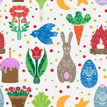 Seamless holiday pattern. Easter bunny, flowers, fire, moon, star, vegetables イラスト素材