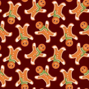 Seamless Holiday pattern with gingerbread man in cartoon style. Cute design for Stock Illustration