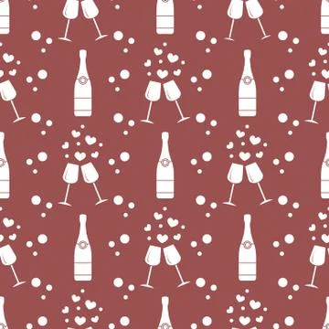 Seamless holiday pattern. Hearts, glasses, bottle Stock-Illustration