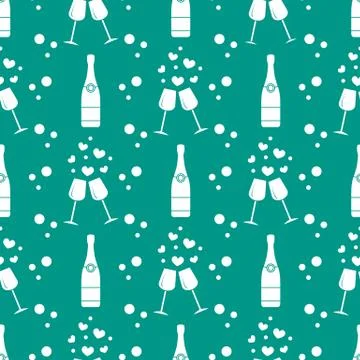 Seamless holiday pattern. Hearts, glasses, bottle Stock Illustration