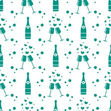 Seamless holiday pattern. Hearts, glasses, bottle Stock Illustration