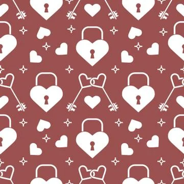 Seamless holiday pattern. Hearts, lock, keys. 스톡 일러스트