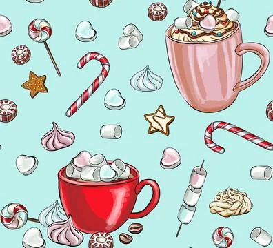 Seamless holiday patterns composition with hot drink and marshmallows, swee.. Illustrazione stock