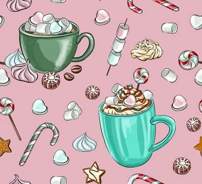 Seamless holiday patterns composition with hot drink and marshmallows, swee.. Illustrazione stock