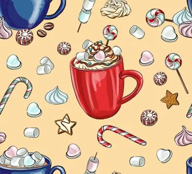 Seamless holiday patterns composition with hot drink and marshmallows, swee.. Stock Illustration
