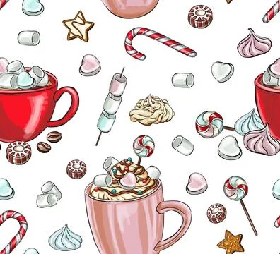 Seamless holiday patterns composition with hot drink and marshmallows, swee.. Illustrazione stock