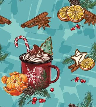 Seamless holiday patterns of spices for tea and coffee Stock Illustration