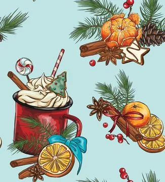 Seamless holiday patterns of spices for tea and coffee: cinnamon, lemon, st.. Stock Illustration