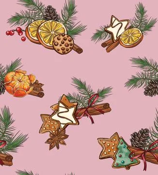 Seamless holiday patterns of spices for tea and coffee Stock Illustration